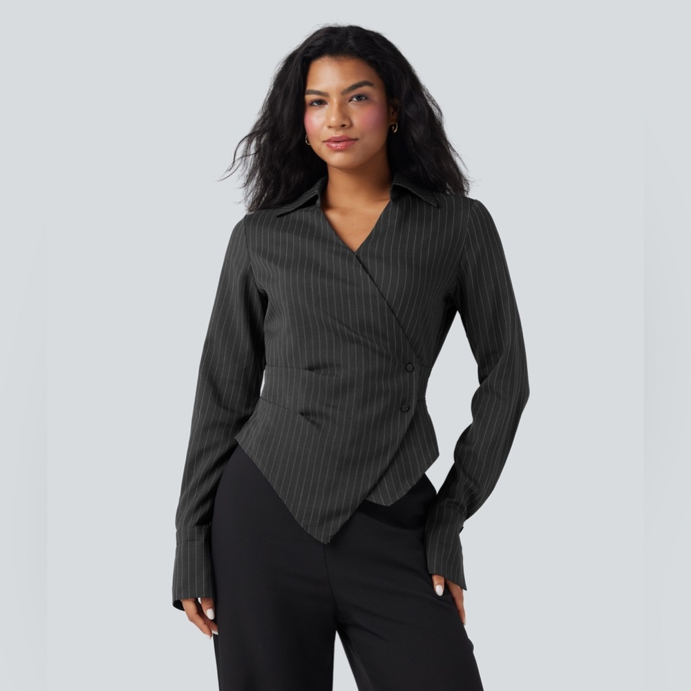 Halara Long Sleeve Wrapped Lace Up Stripe Work Shirt